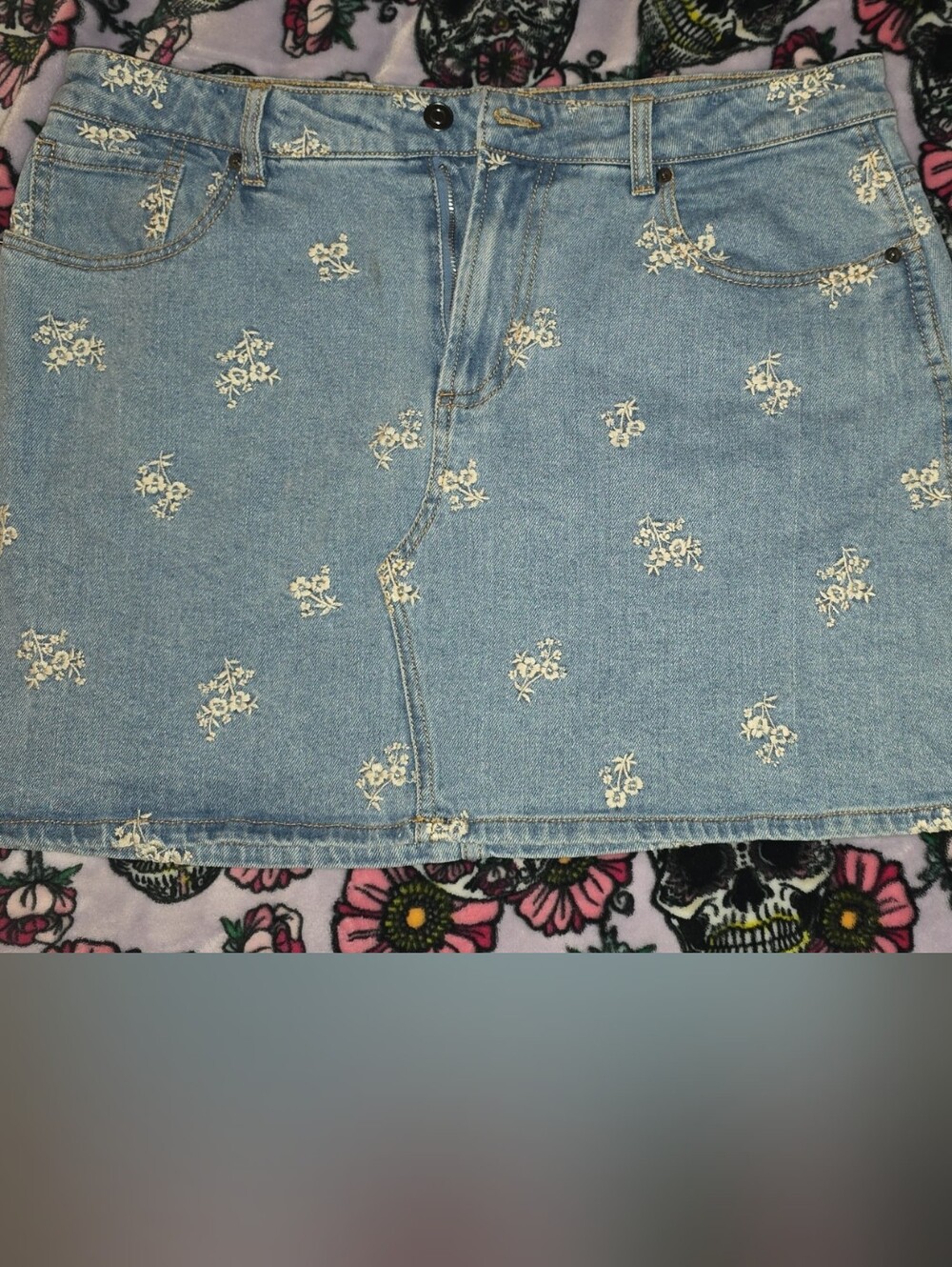 Embroidered Light Wash Denim Mini Skirt - Cream Floral Detail